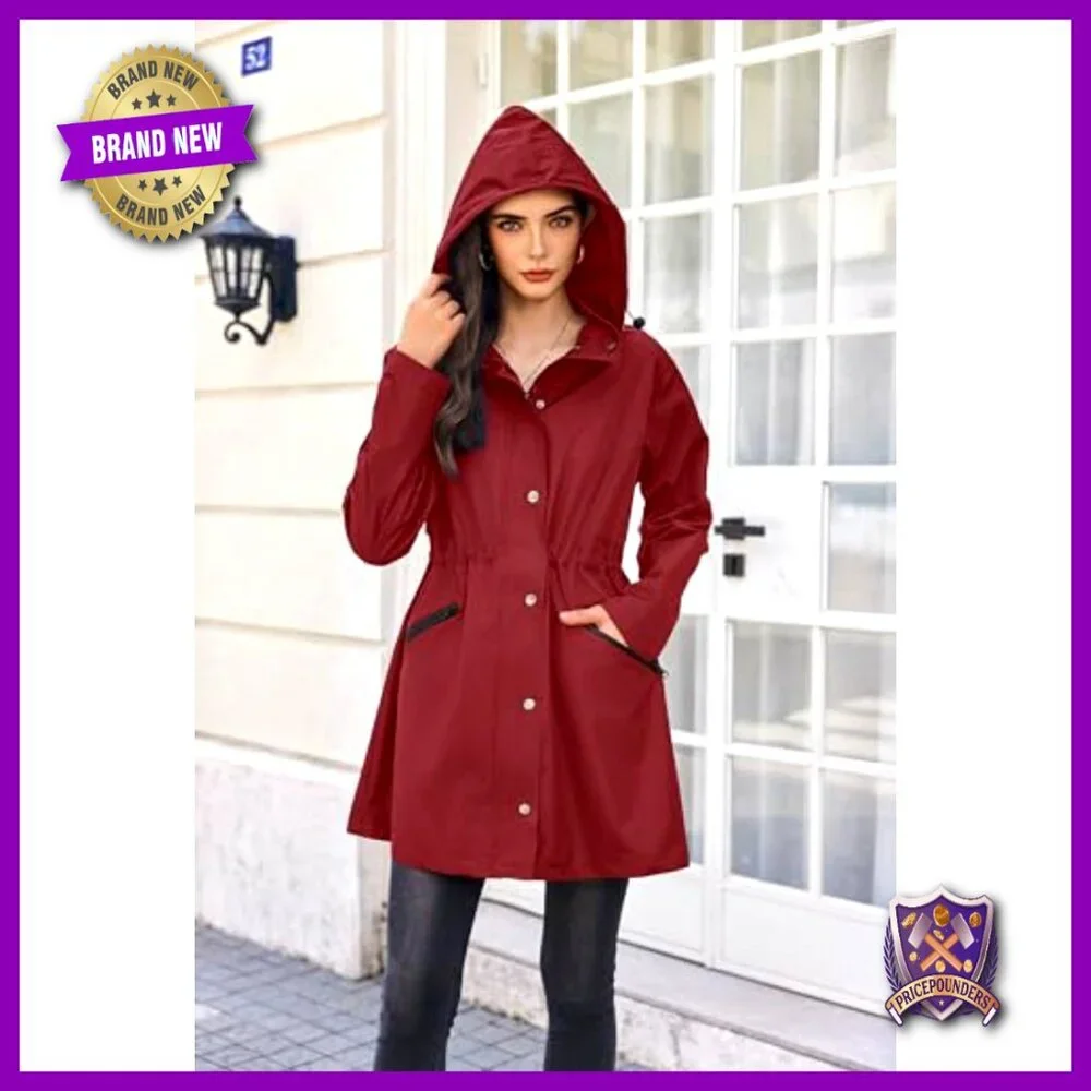 Waterproof Long Hooded Trench Rain Jacket Windbreaker Travel Oversized Fit - Picture 2 of 7